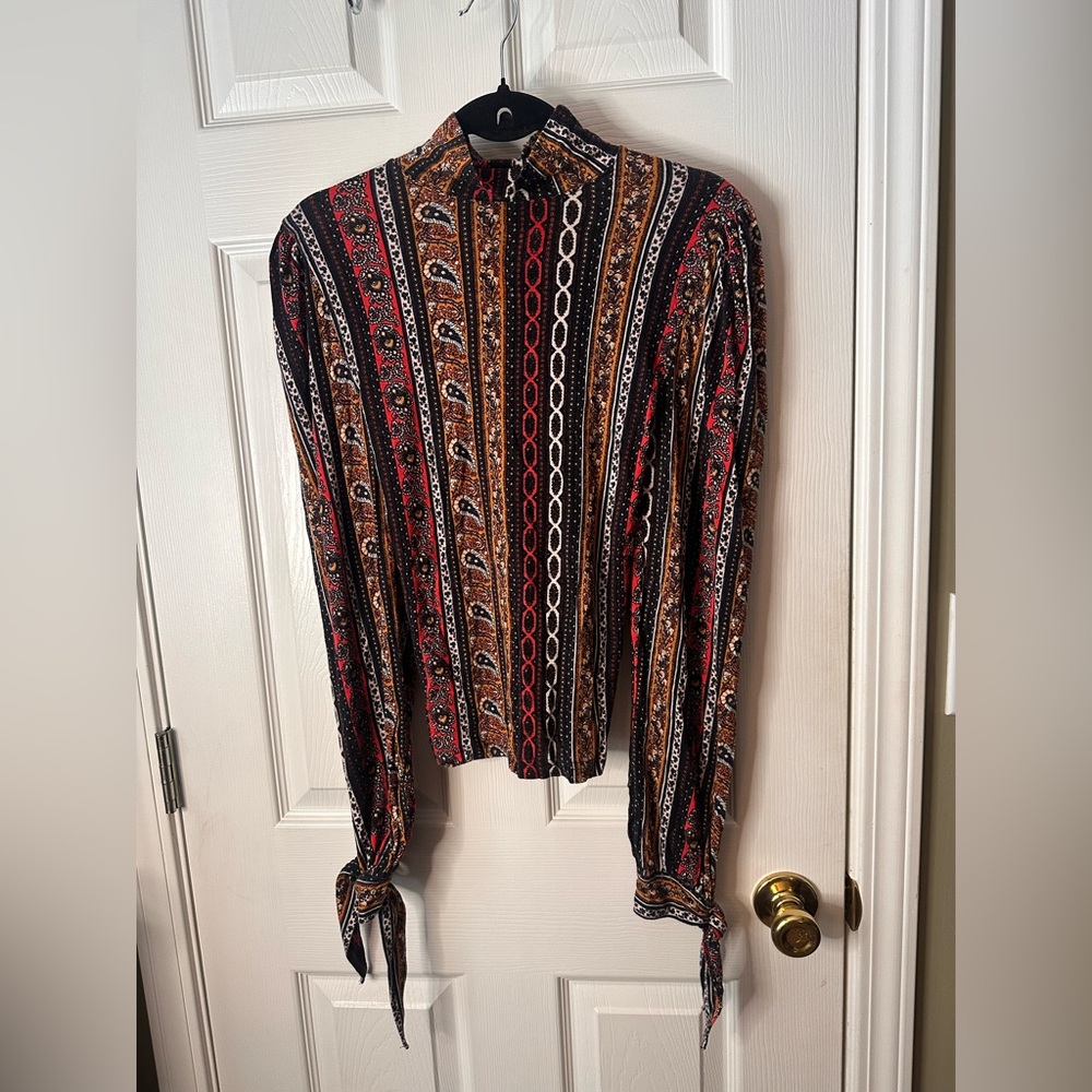 Free People S Multicolor Paisley Mock Neck Long Sleeve Tie Cuff Blouse
